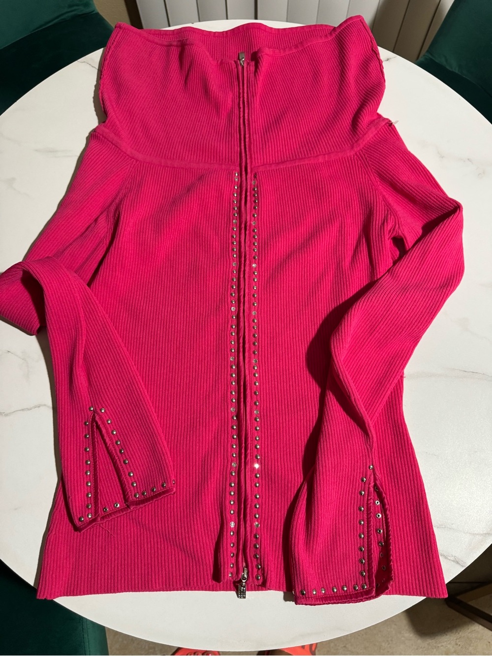 Vintage Y2K Caché Pink Gabrielle Solis Rhinestone Off Shoulder Zip Up Sweater L - Picture 2 of 7